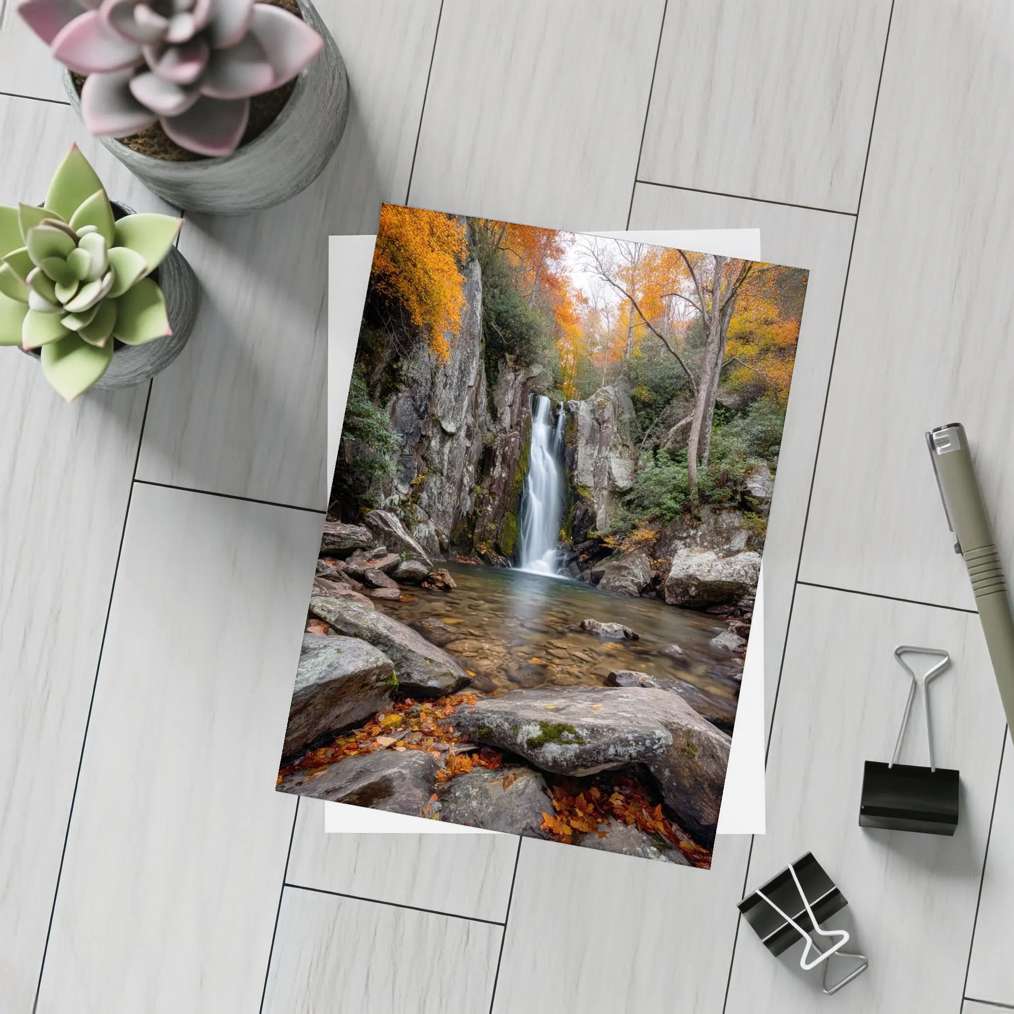 Autumn Waterfall Rocky Forest Seasonal Landscape – Postcards
