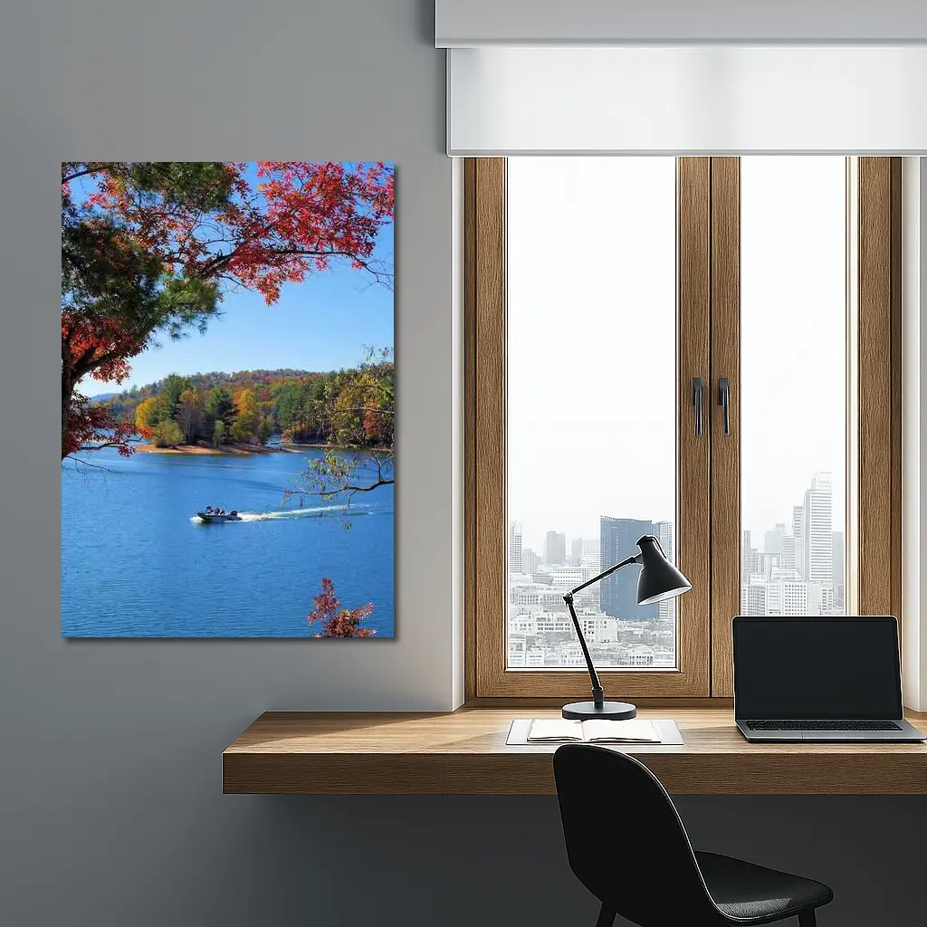 Autumn Lake Boat Ride Colorful Forest – Wall Art