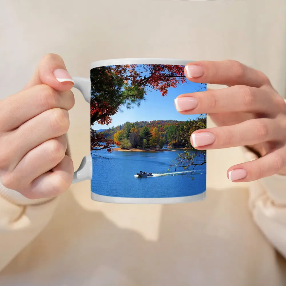 Autumn Lake Boat Ride Colorful Forest – Mugs