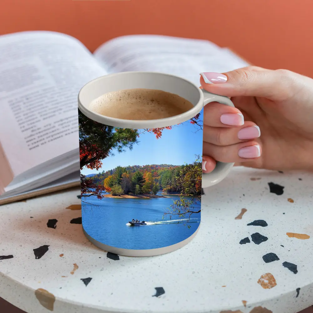 Autumn Lake Boat Ride Colorful Forest – Mugs