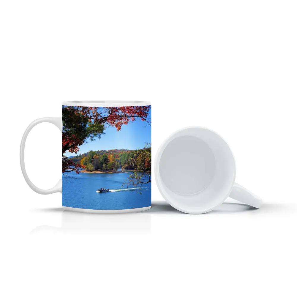 Autumn Lake Boat Ride Colorful Forest – Mugs