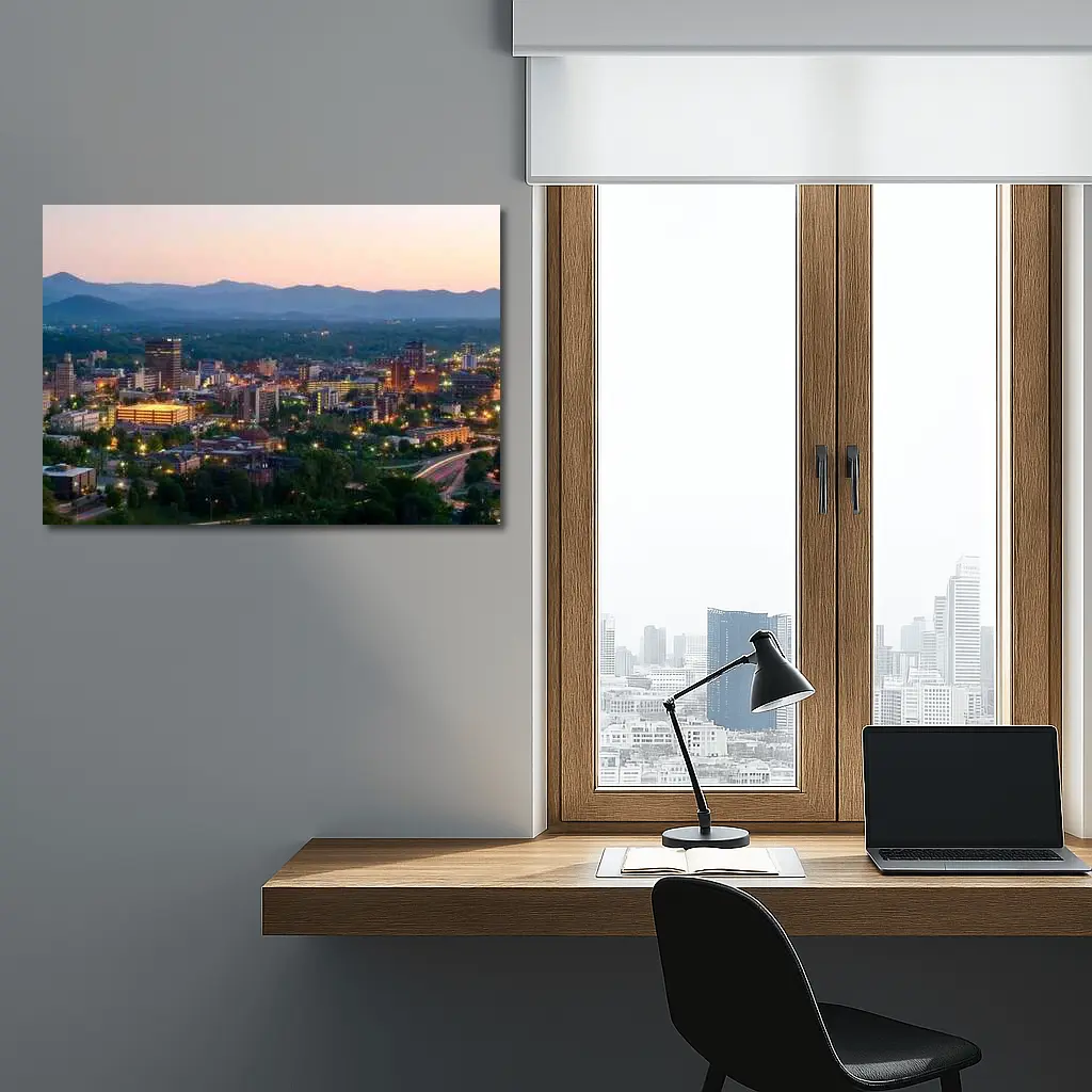 Asheville City Skyline at Dusk Mountains – Wall Art