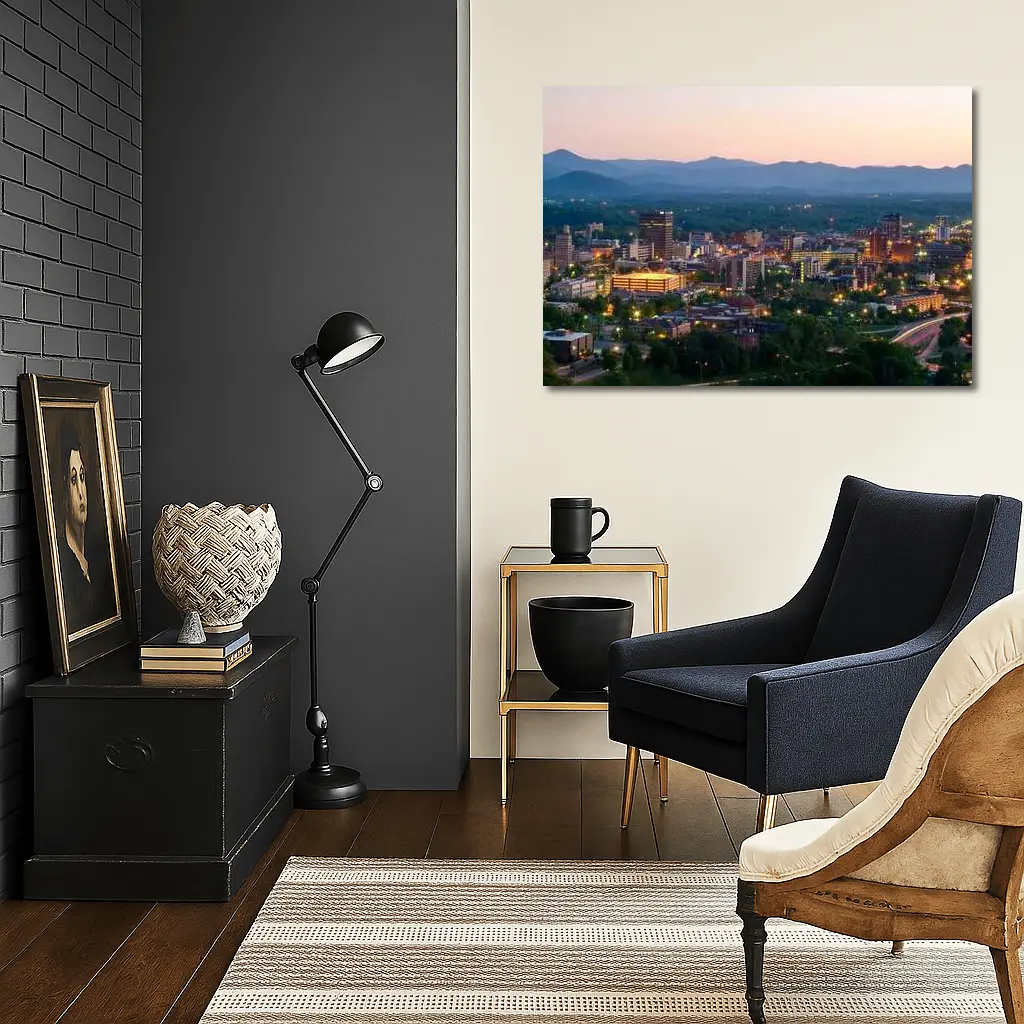 Asheville City Skyline at Dusk Mountains – Wall Art