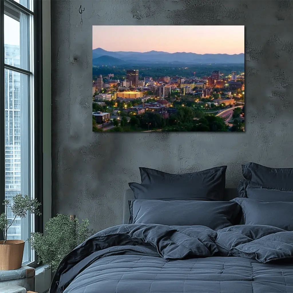 Asheville City Skyline at Dusk Mountains – Wall Art
