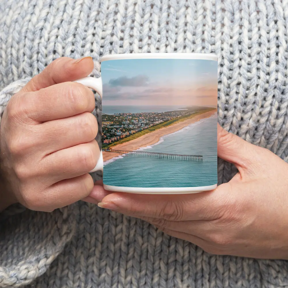 Aerial Beach Pier Coastal Town Sunset View – Mugs