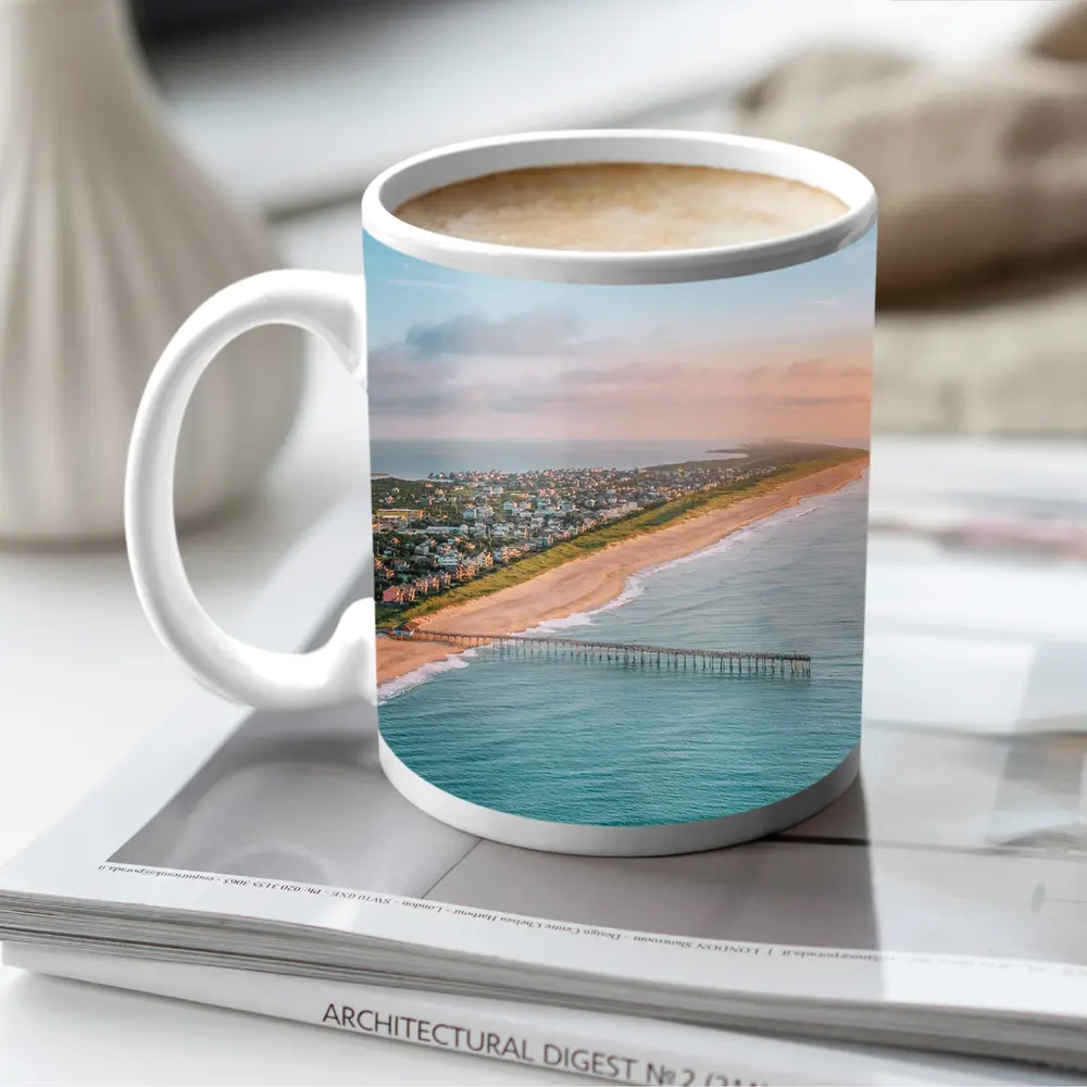 Aerial Beach Pier Coastal Town Sunset View – Mugs