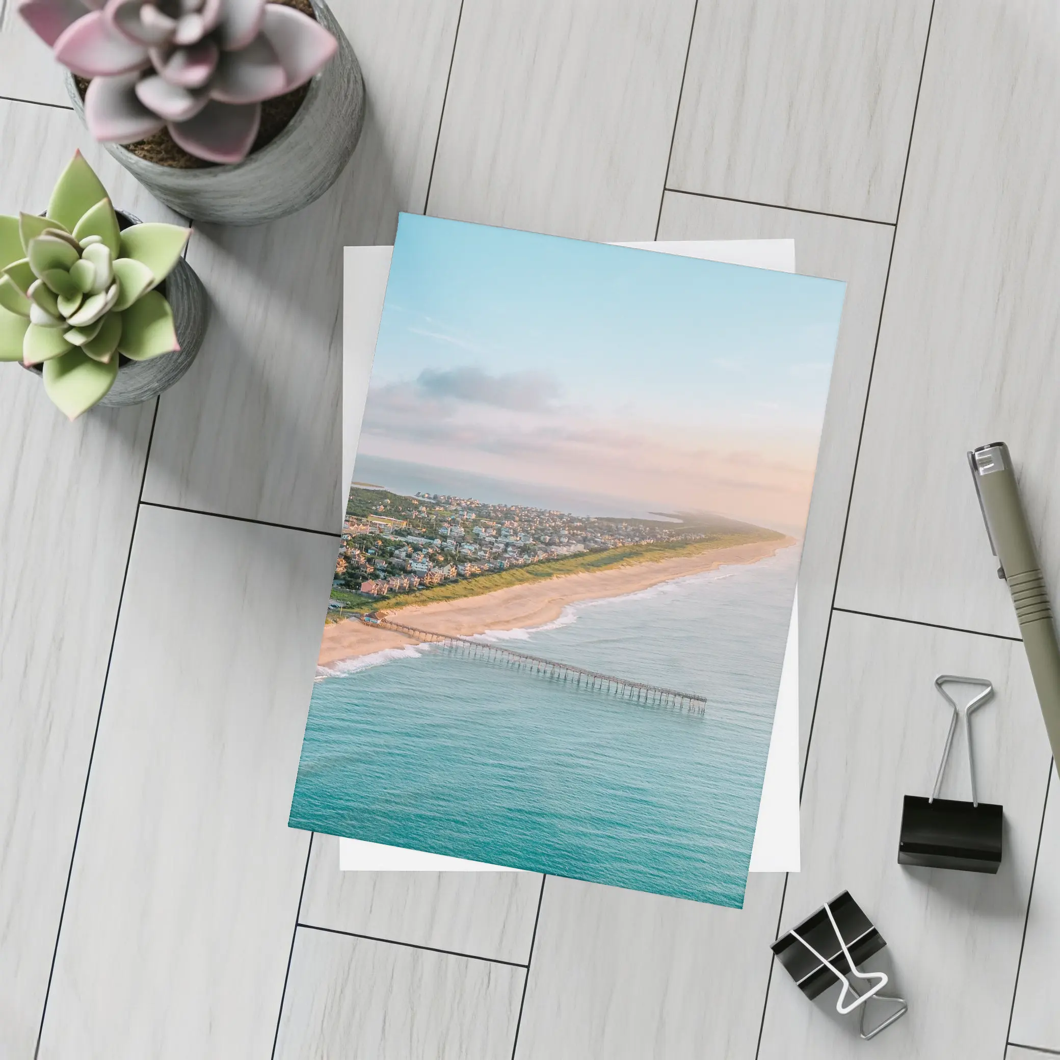 Aerial Beach Pier Coastal Town Sunset View – Postcards