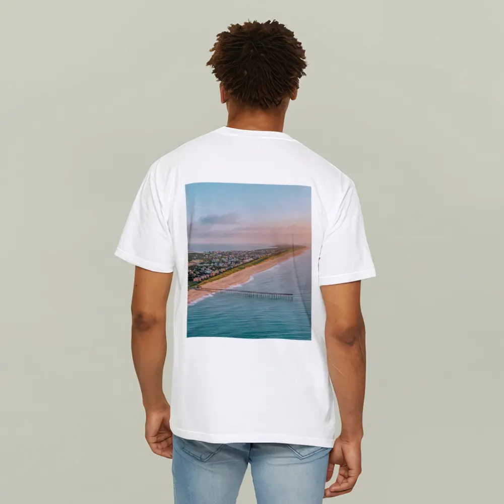 Aerial Beach Pier Coastal Town Sunset View – T-Shirts