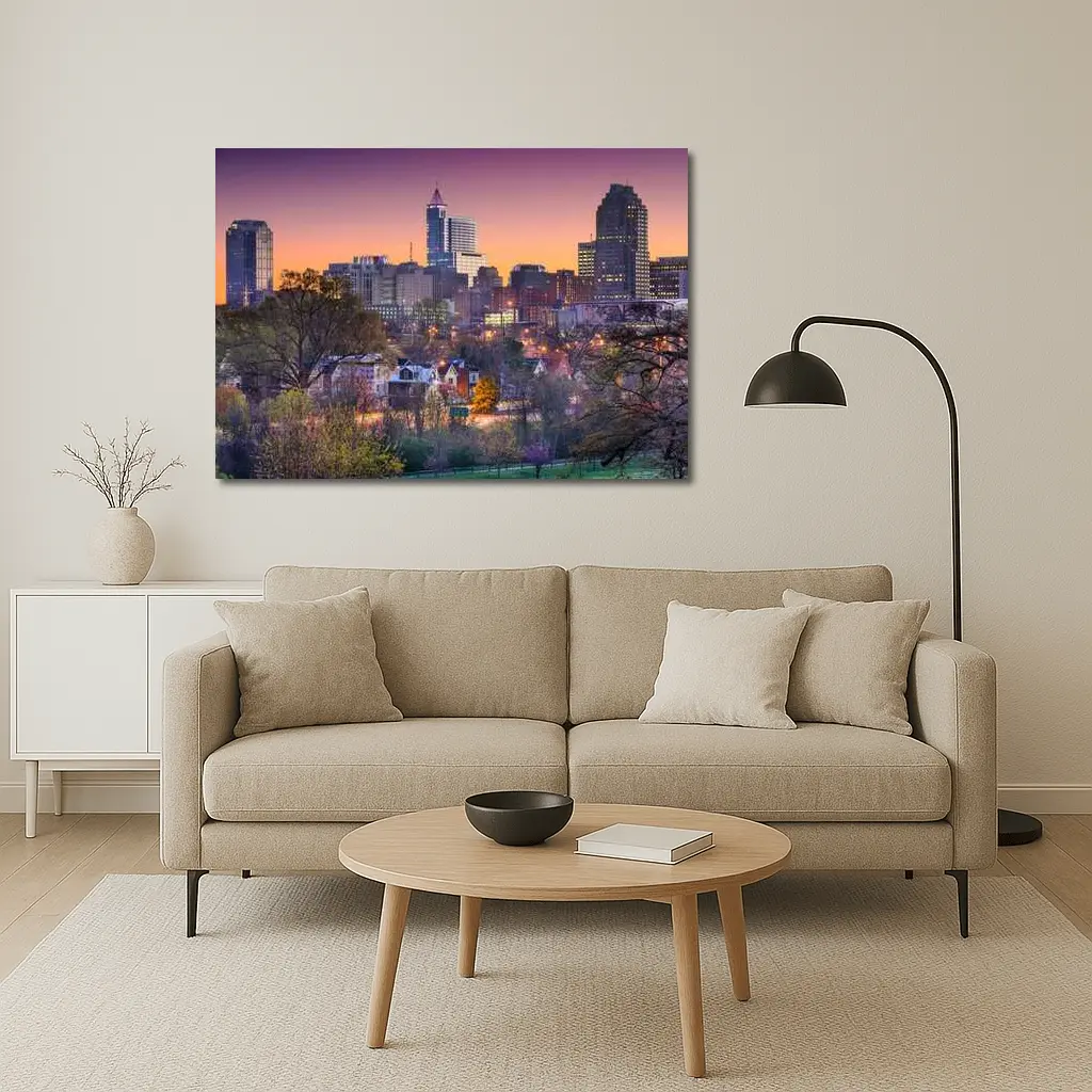 Raleigh City Skyline at Purple Sunset – Wall Art