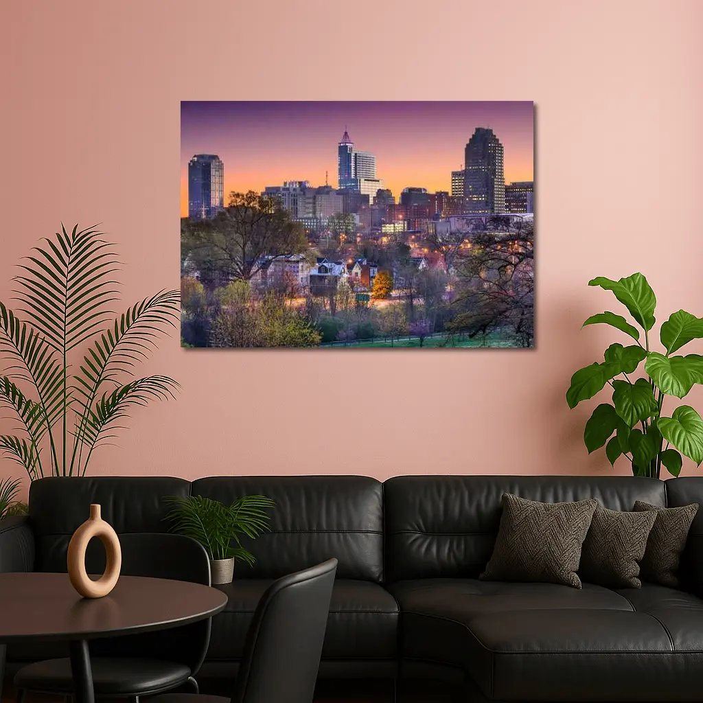 Raleigh City Skyline at Purple Sunset – Wall Art