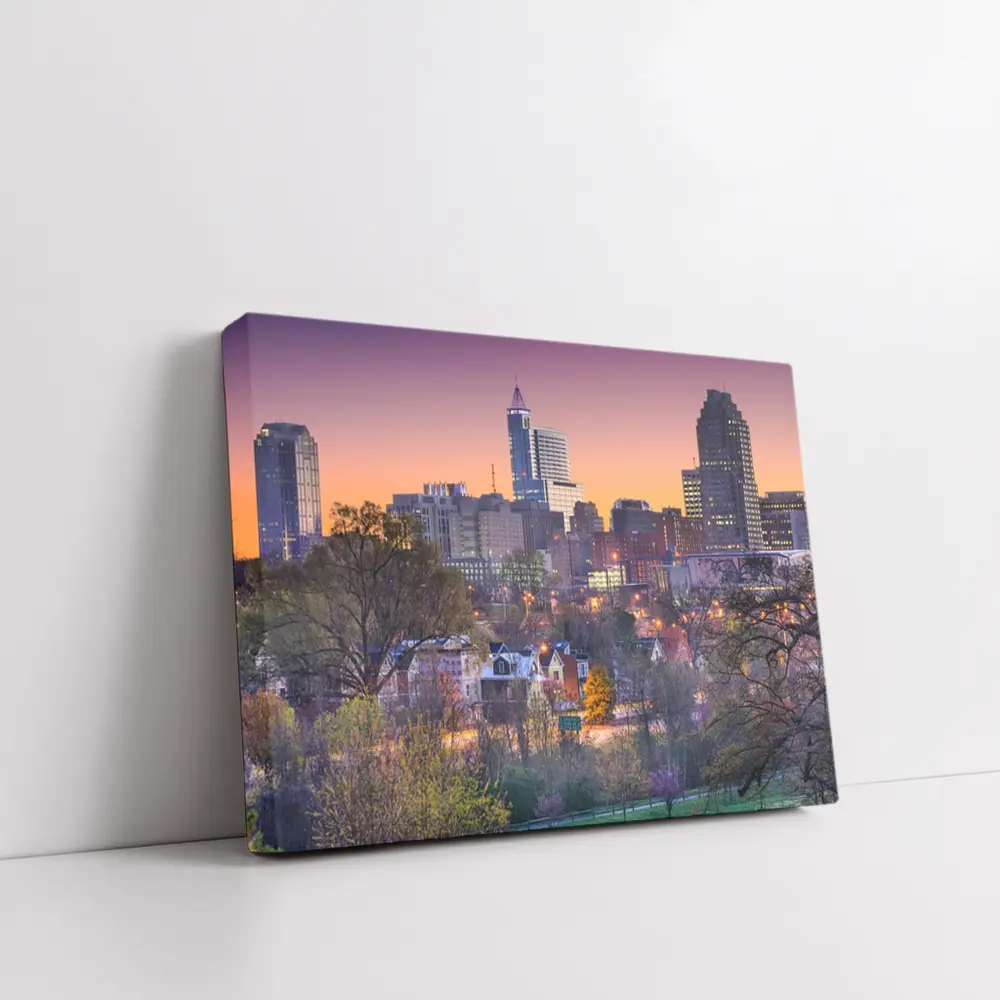 Raleigh City Skyline at Purple Sunset – Wall Art