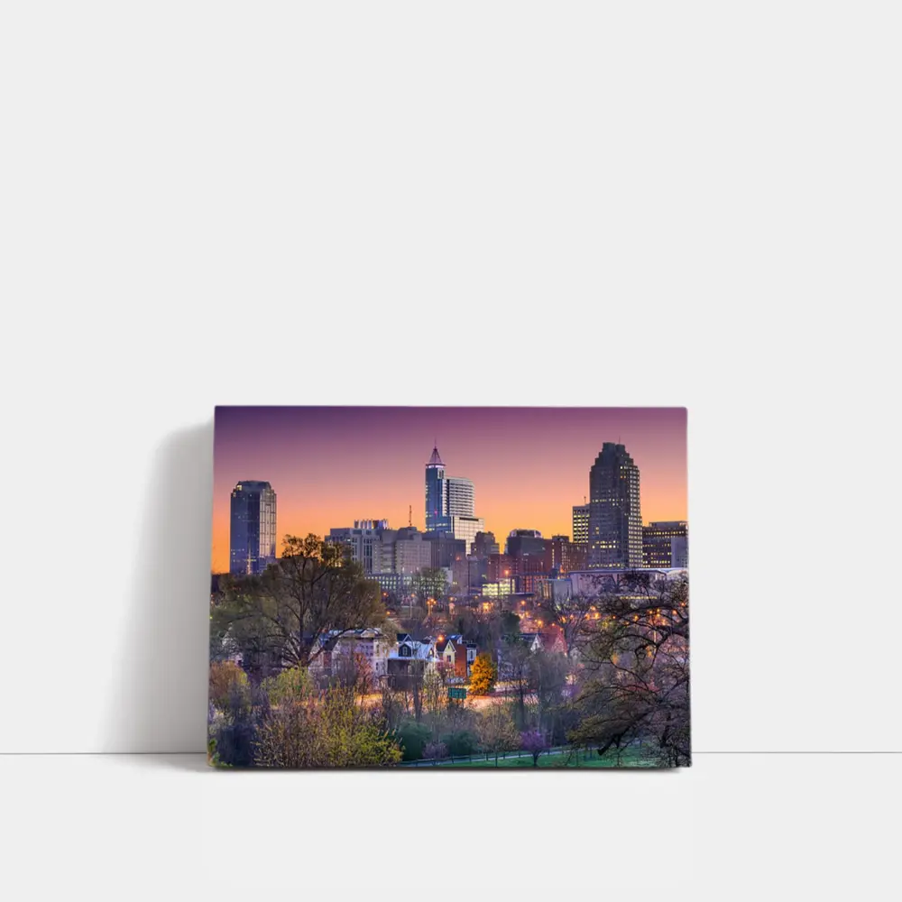 Raleigh City Skyline at Purple Sunset – Wall Art