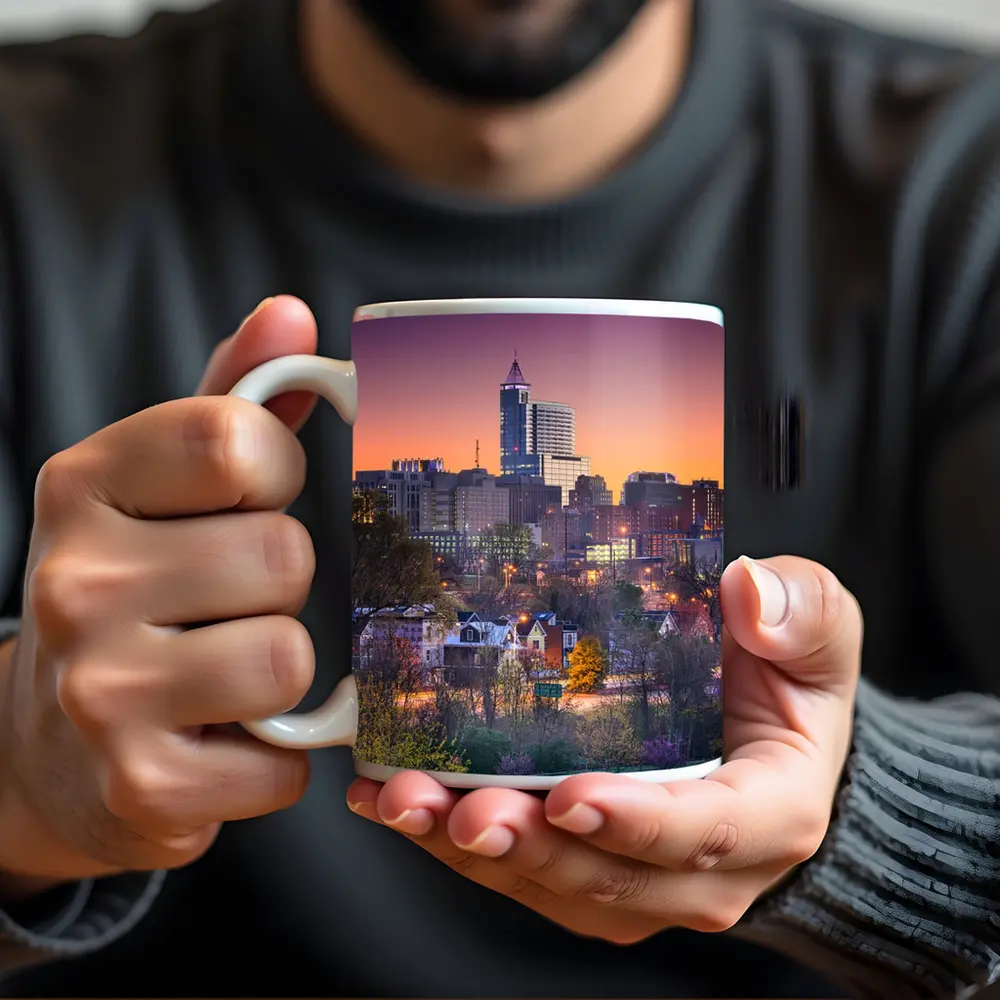 Raleigh City Skyline at Purple Sunset – Mugs