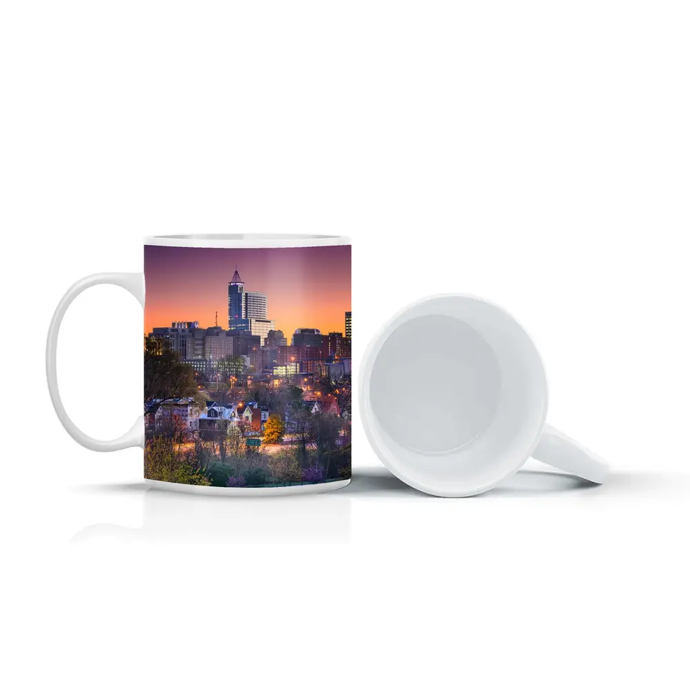 Raleigh City Skyline at Purple Sunset – Mugs