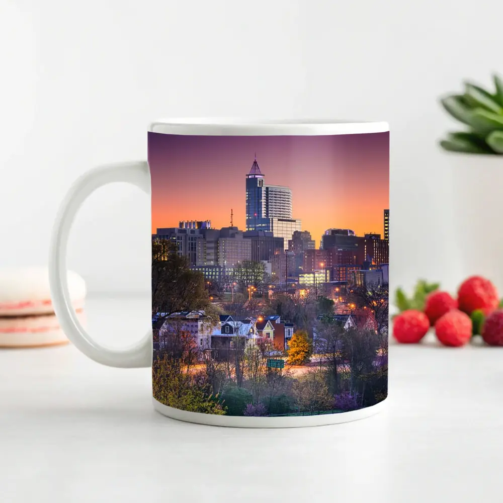 Raleigh City Skyline at Purple Sunset – Mugs