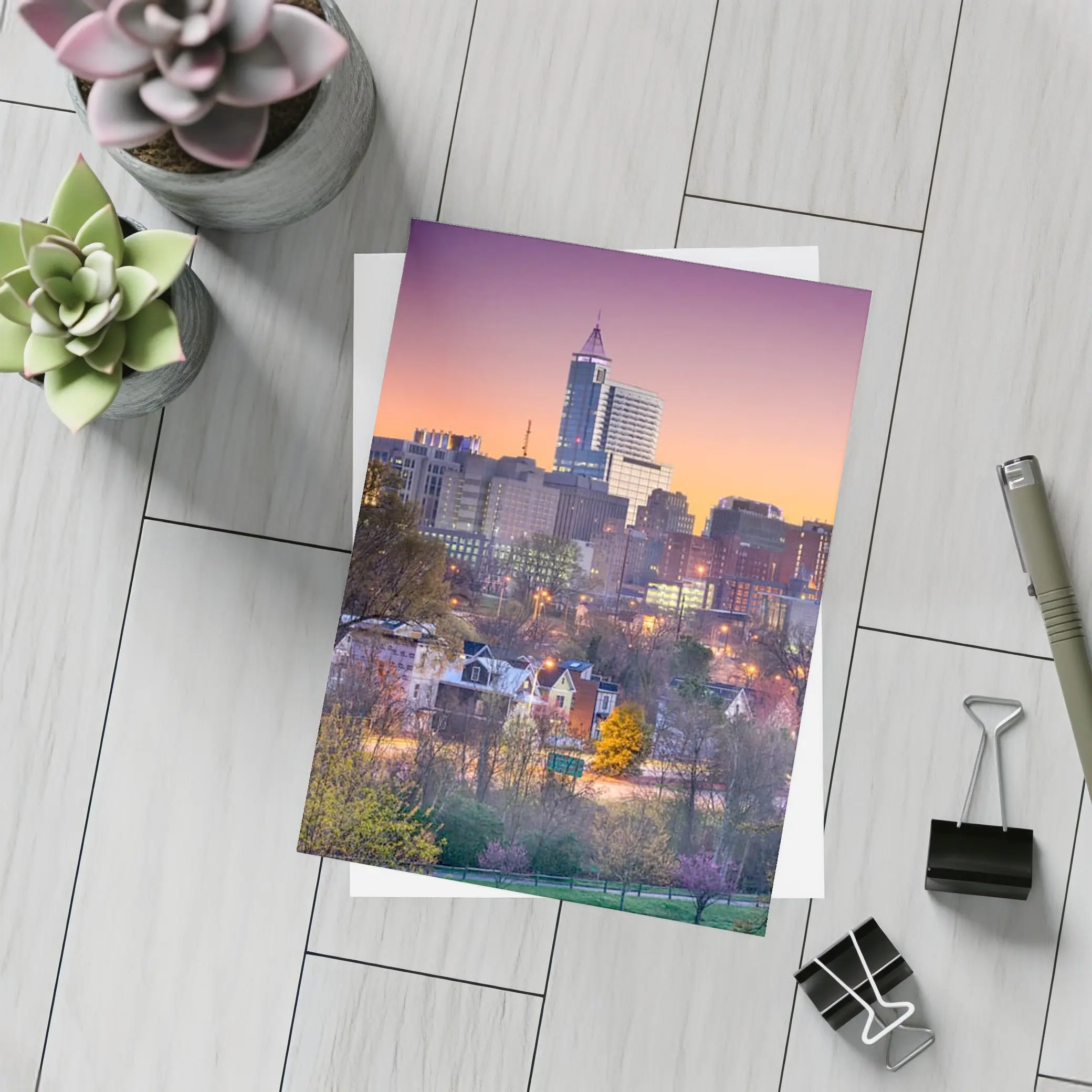 Raleigh City Skyline at Purple Sunset – Postcards