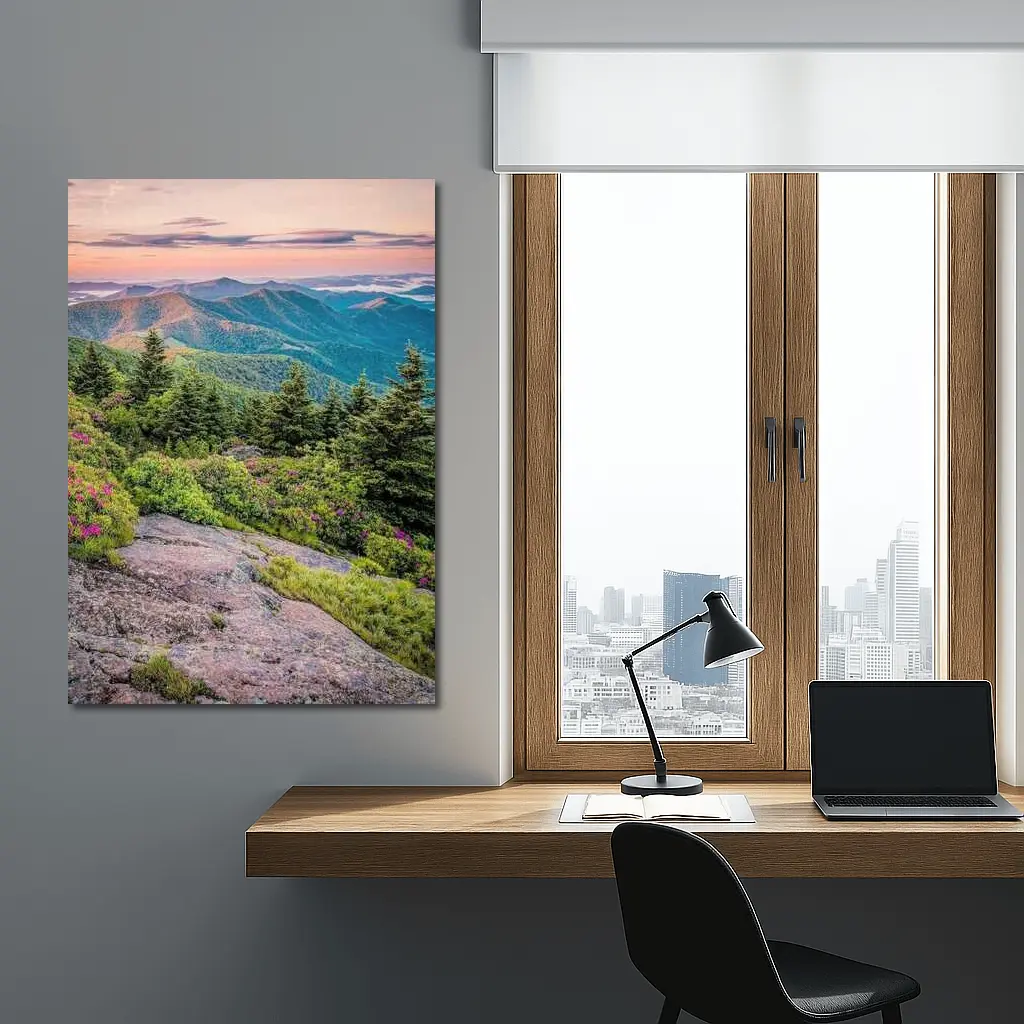 Blue Ridge Mountains Sunrise Pink Wildflowers – Wall Art