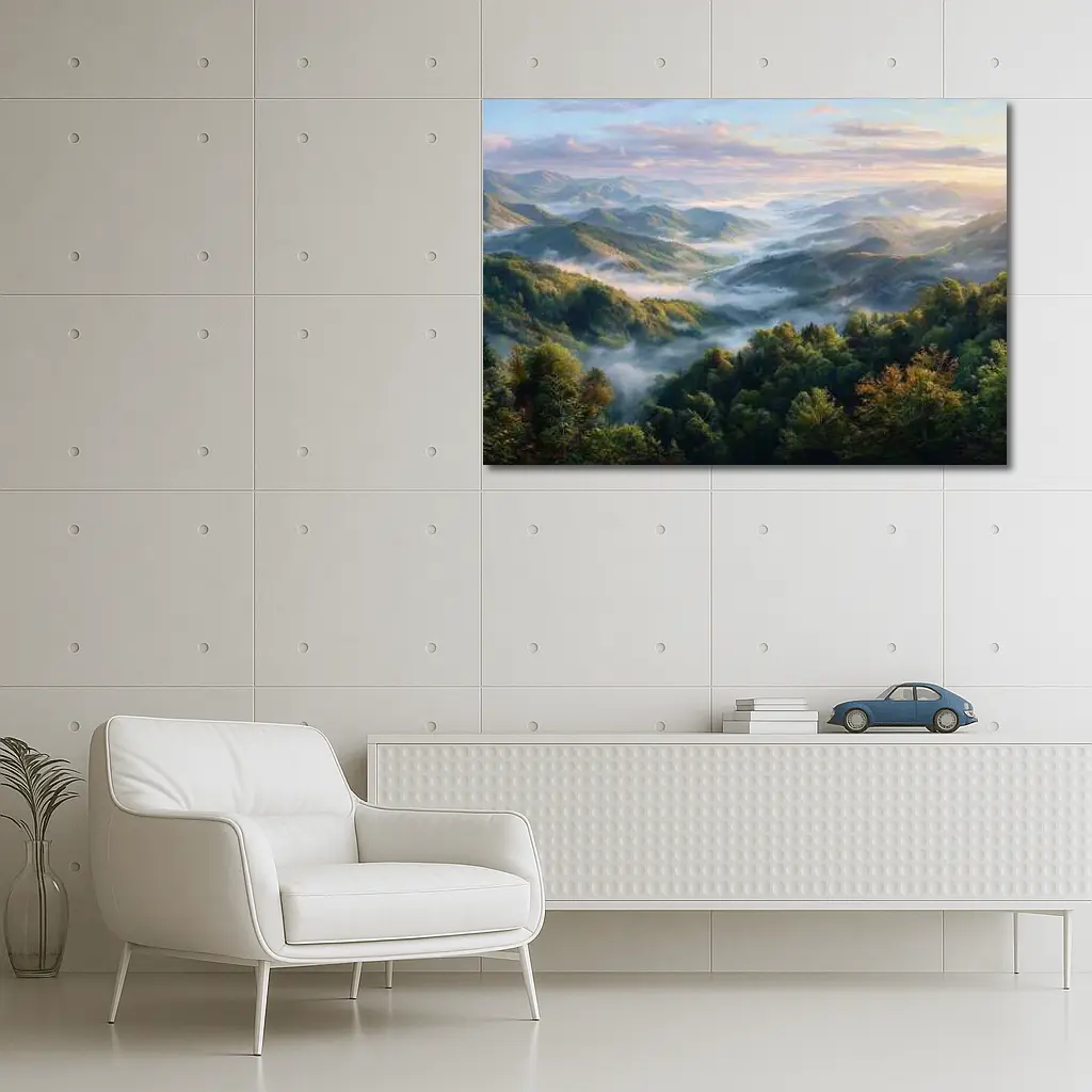 Misty Mountain Forest Valley at Sunrise – Wall Art