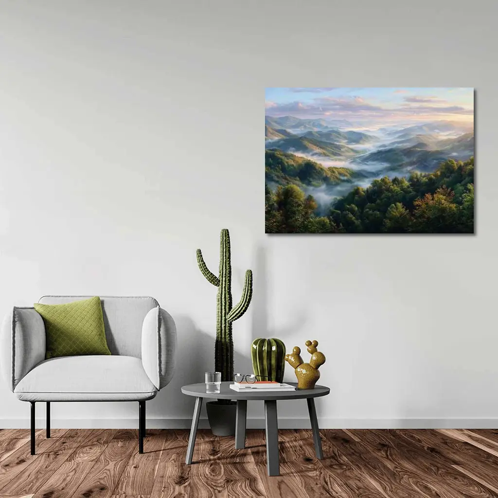 Misty Mountain Forest Valley at Sunrise – Wall Art