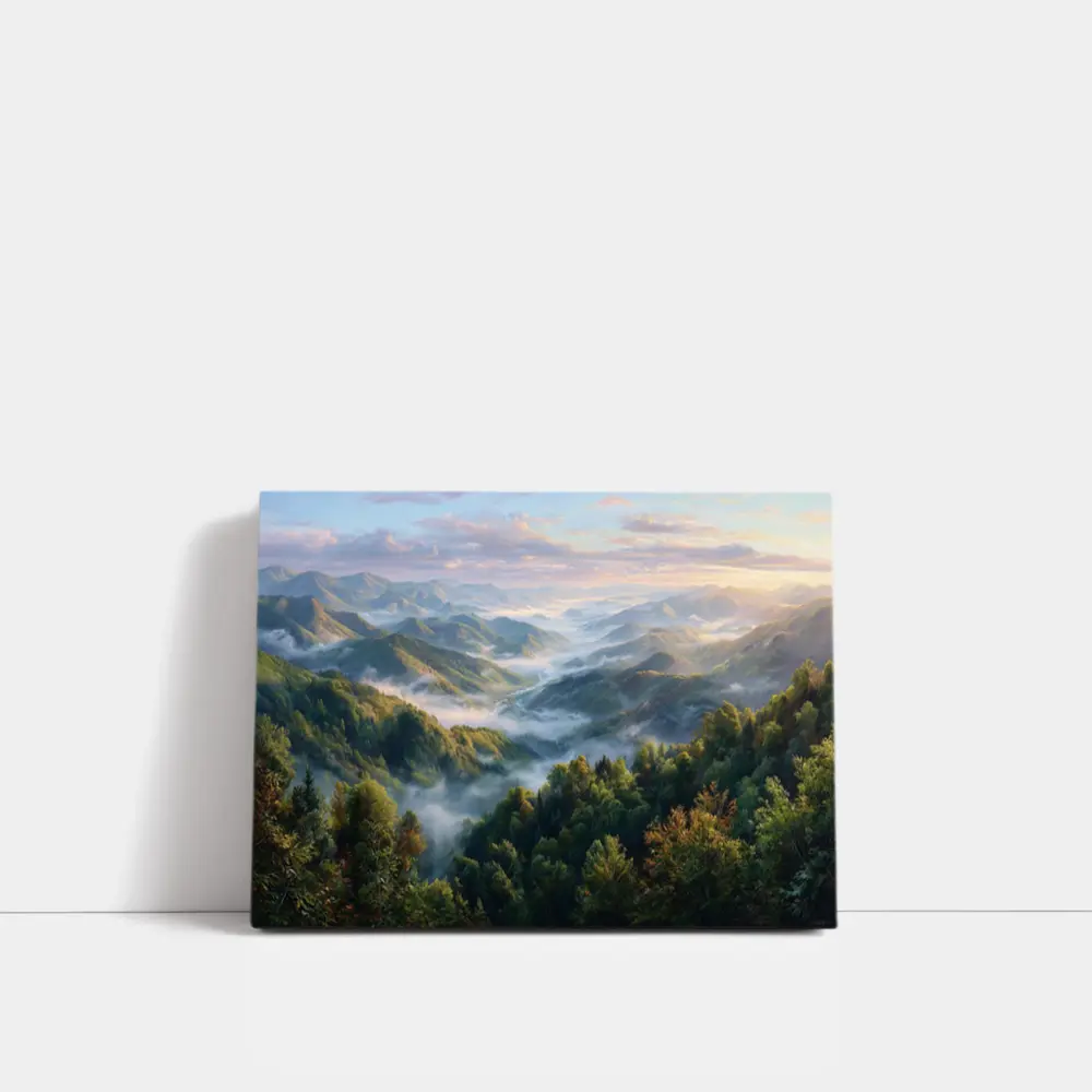 Misty Mountain Forest Valley at Sunrise – Wall Art