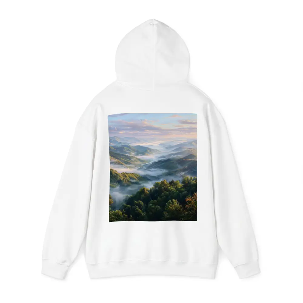 Misty Mountain Forest Valley at Sunrise – Hoodies