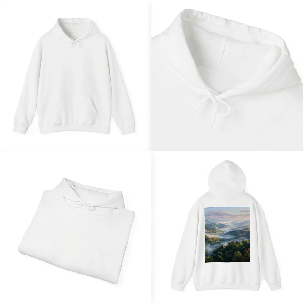 Misty Mountain Forest Valley at Sunrise – Hoodies