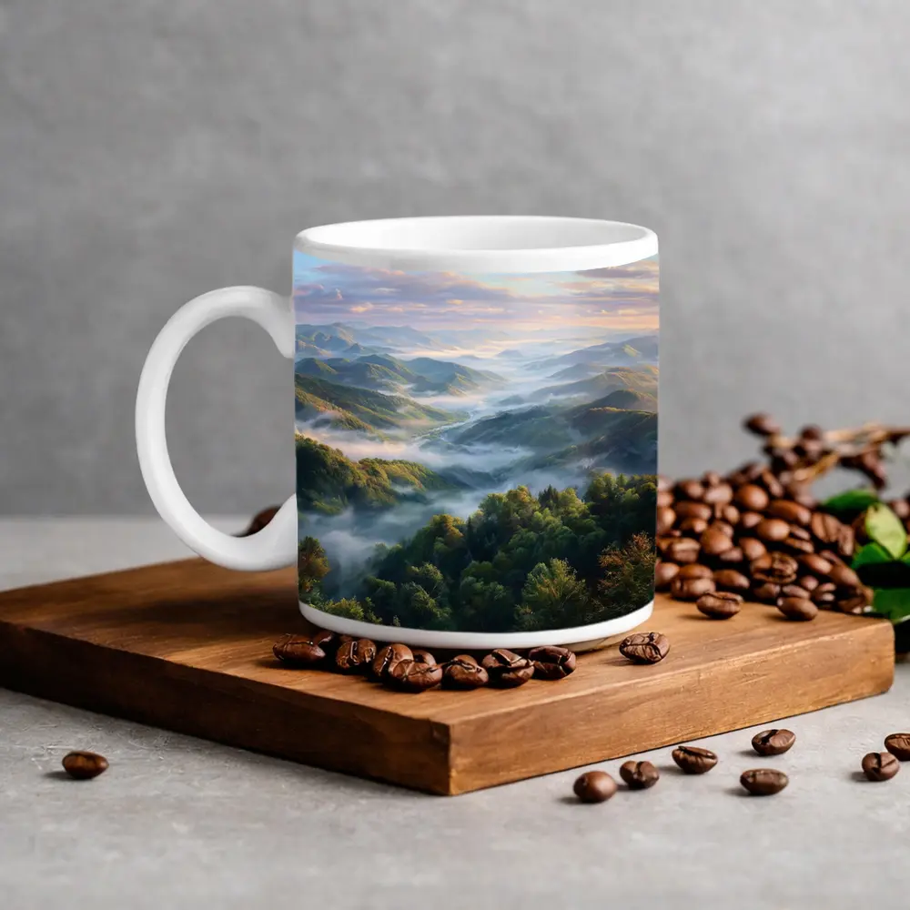 Misty Mountain Forest Valley at Sunrise – Mugs