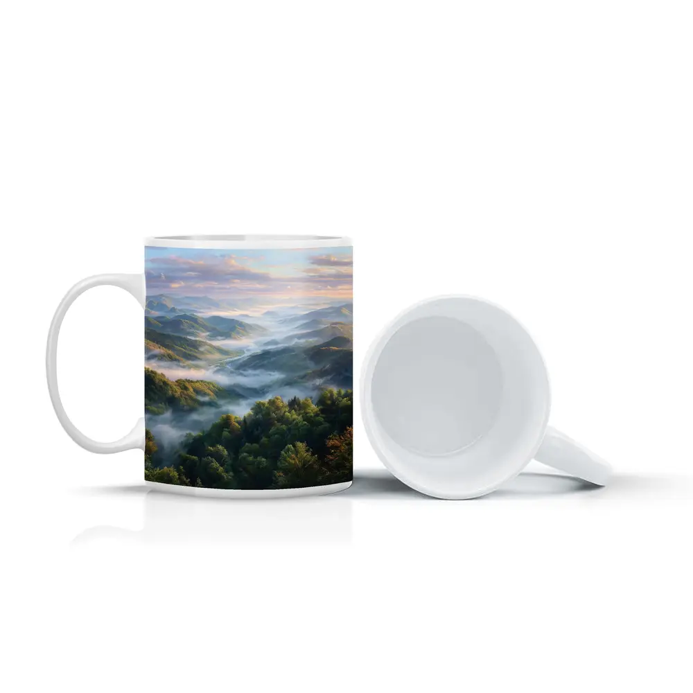 Misty Mountain Forest Valley at Sunrise – Mugs