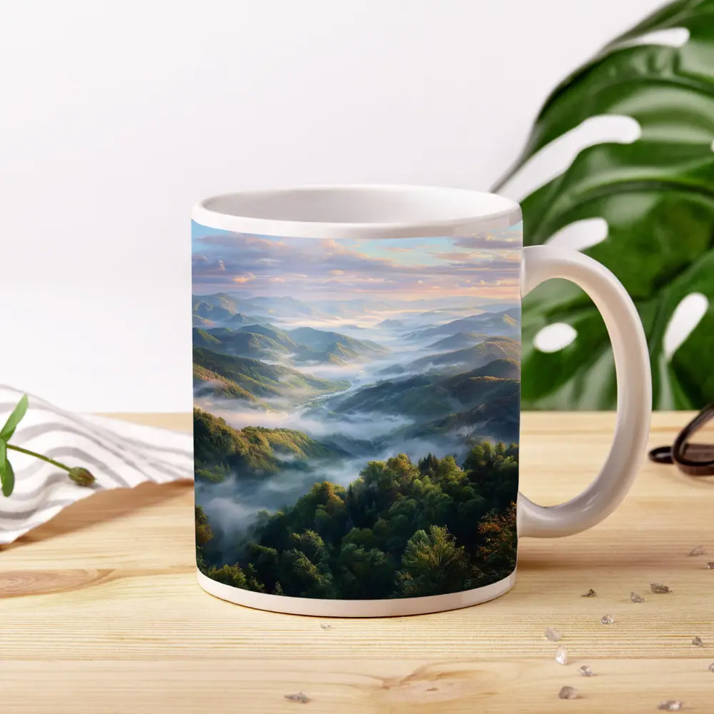 Misty Mountain Forest Valley at Sunrise – Mugs