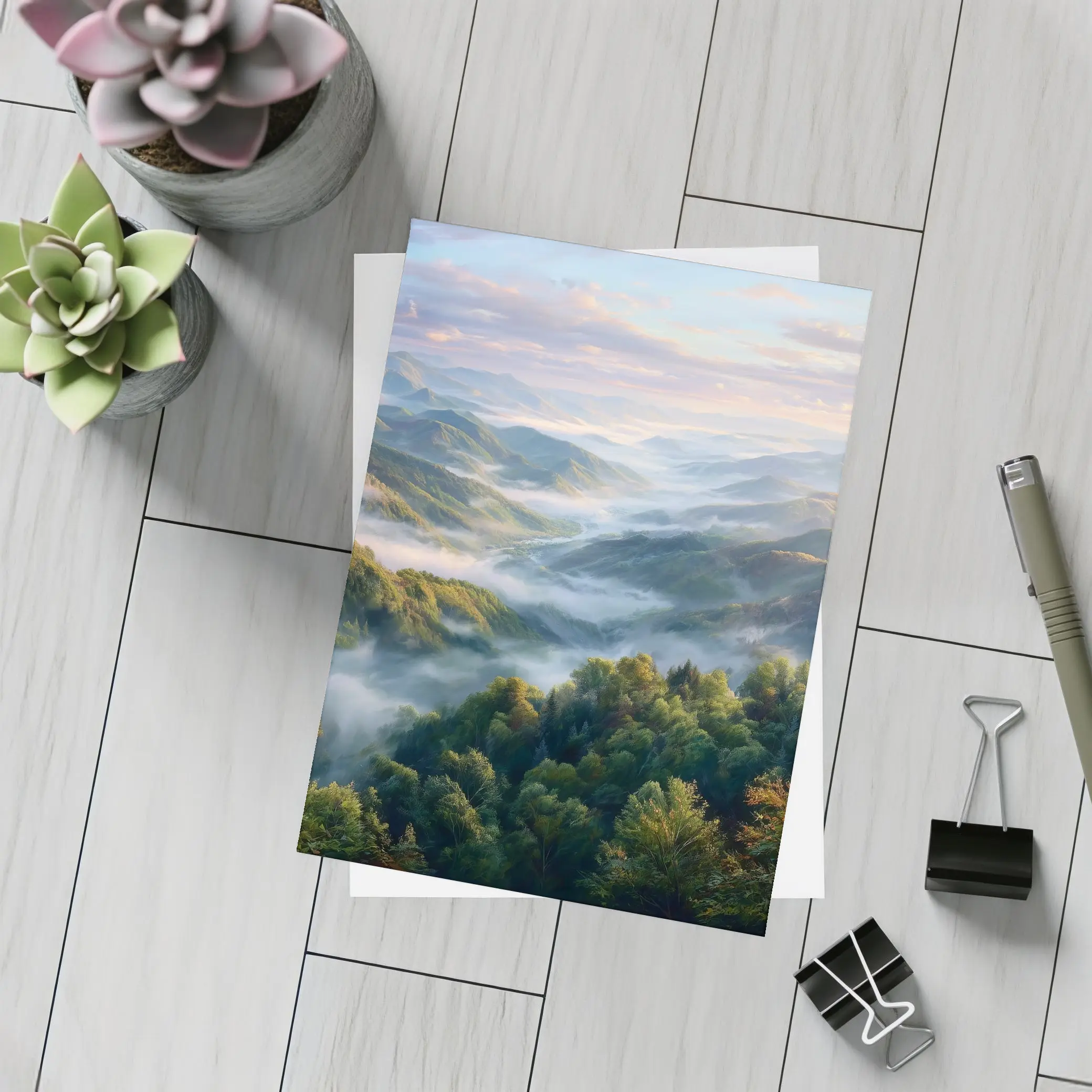 Misty Mountain Forest Valley at Sunrise – Postcards