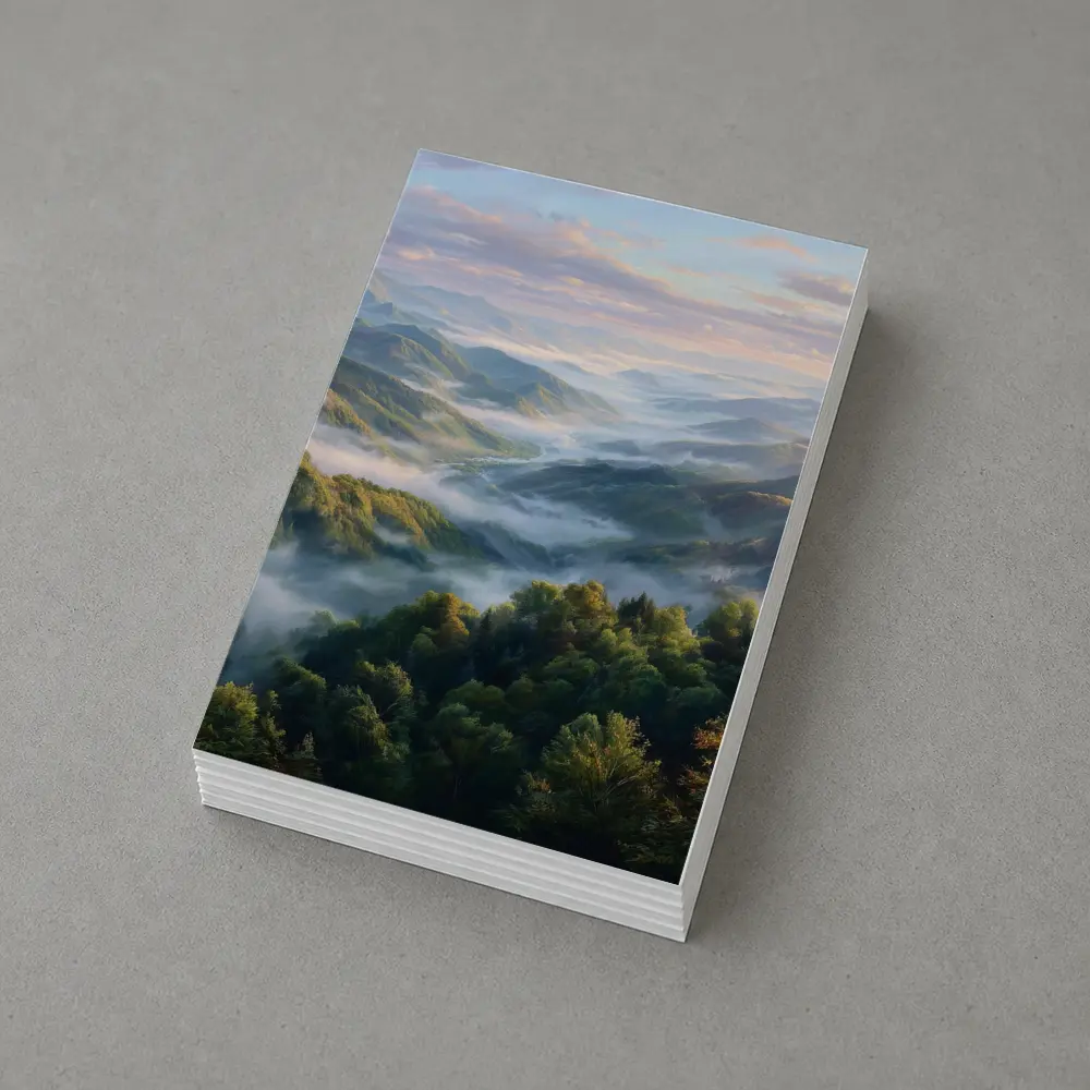 Misty Mountain Forest Valley at Sunrise – Postcards