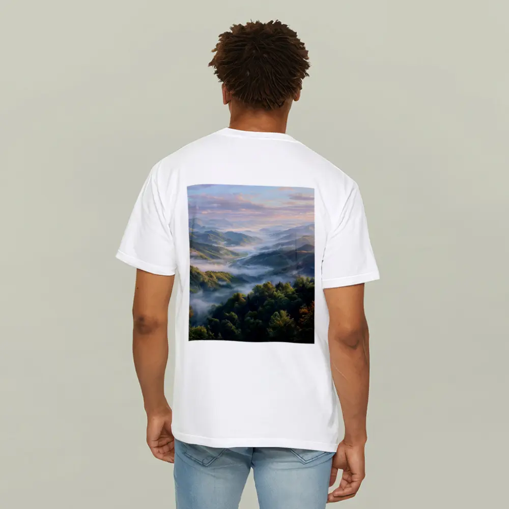 Misty Mountain Forest Valley at Sunrise – T-Shirts