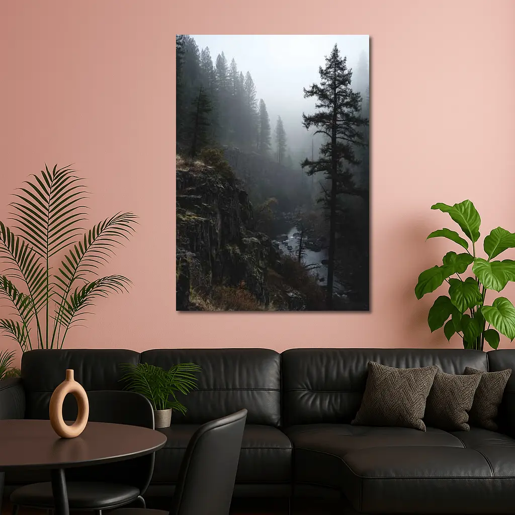 Foggy Forest Canyon River Dark Moody – Wall Art