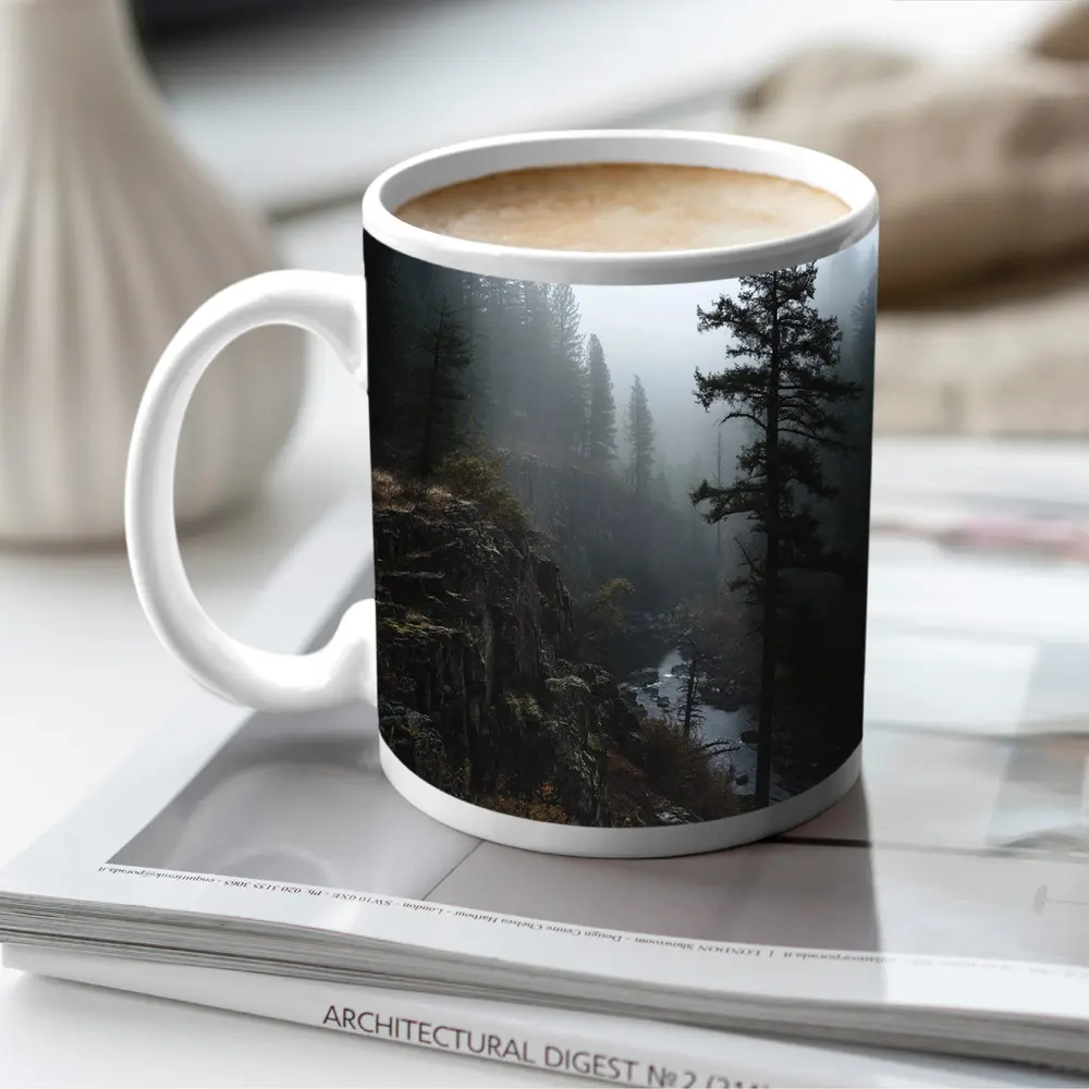 Foggy Forest Canyon River Dark Moody – Mugs