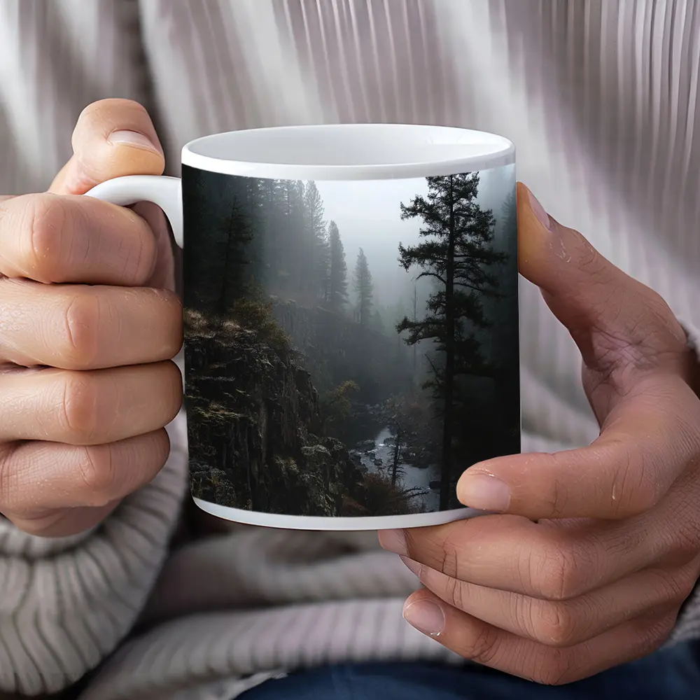 Foggy Forest Canyon River Dark Moody – Mugs