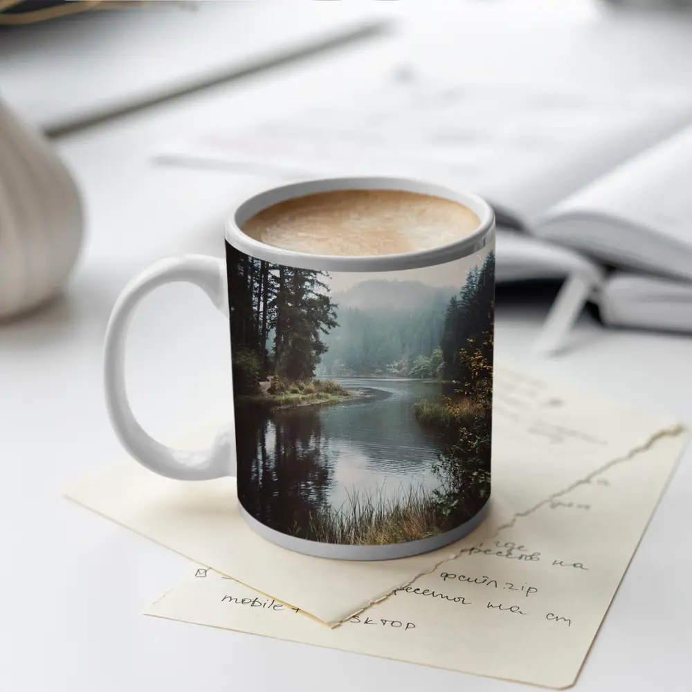Misty Forest Lake Reflected Still Water – Mugs