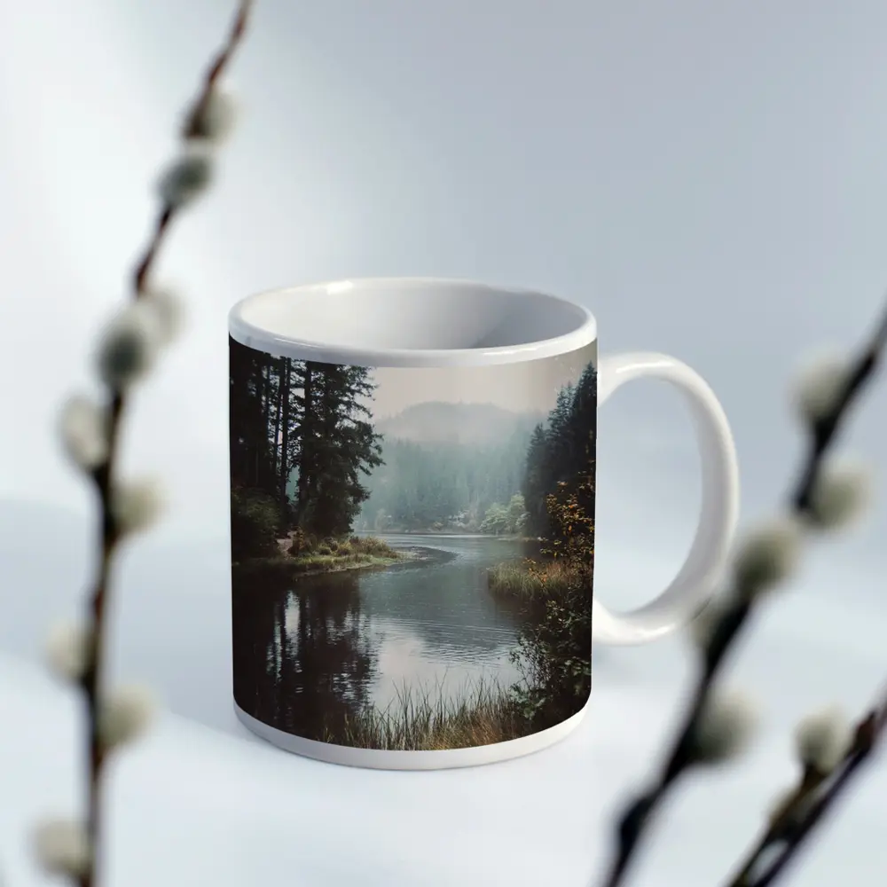 Misty Forest Lake Reflected Still Water – Mugs