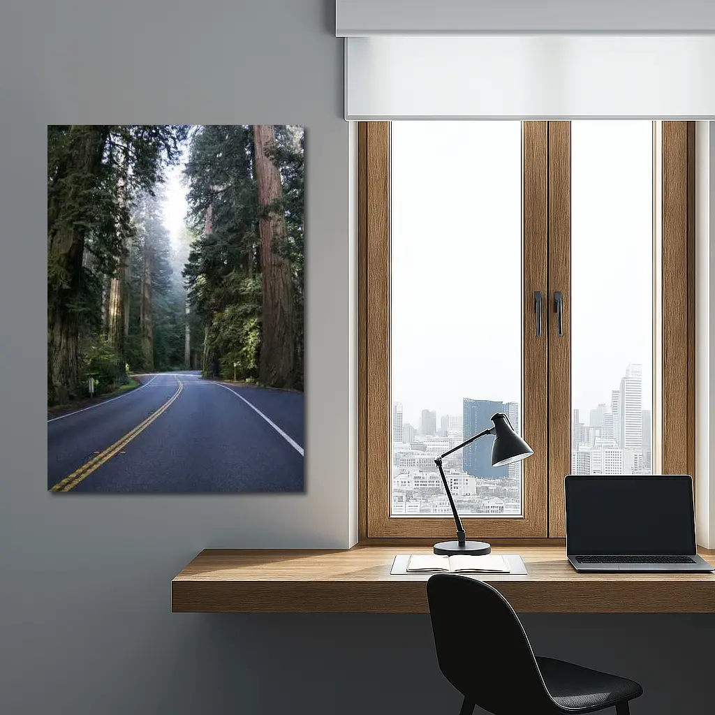 Misty Redwood Forest Road Tall Trees – Wall Art