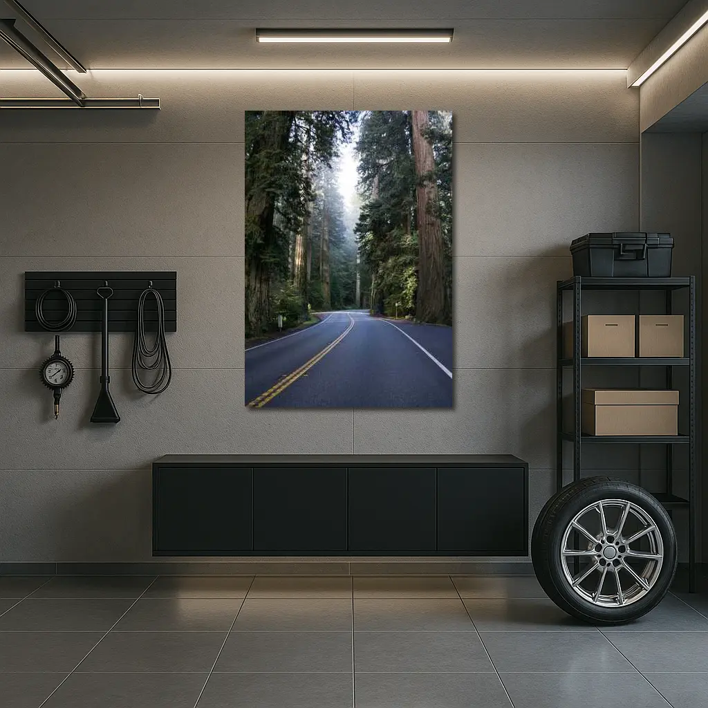 Misty Redwood Forest Road Tall Trees – Wall Art