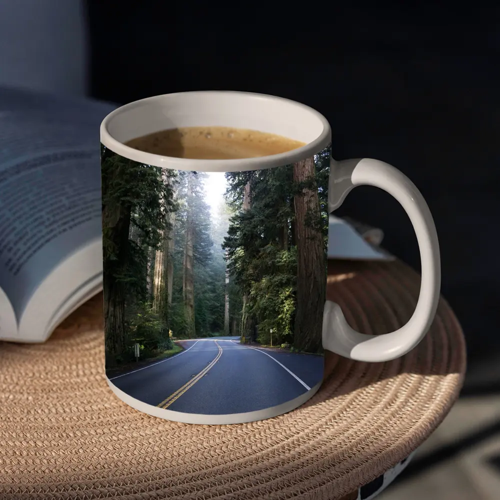 Misty Redwood Forest Road Tall Trees – Mugs