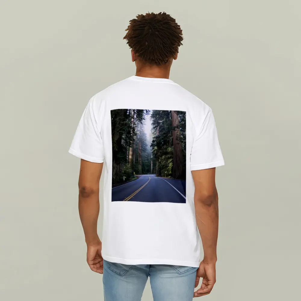 Misty Redwood Forest Road Tall Trees – T-Shirts