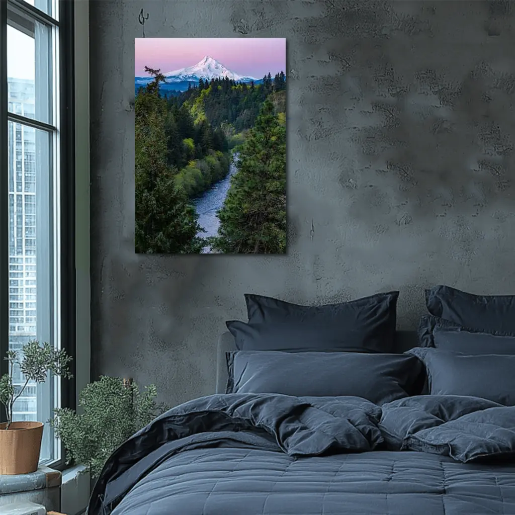 Mount Hood Snow Peak River Forest Sunset – Wall Art