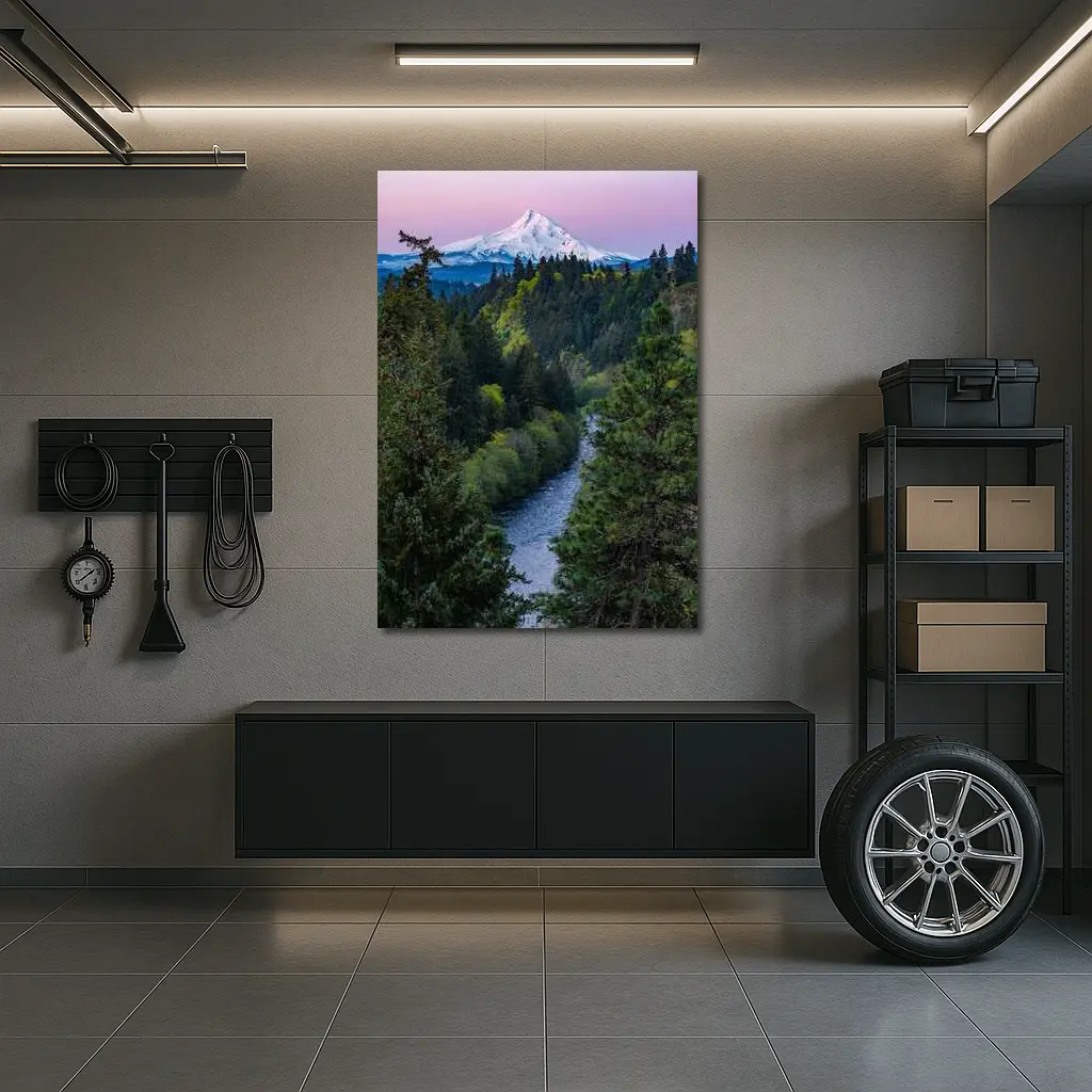 Mount Hood Snow Peak River Forest Sunset – Wall Art