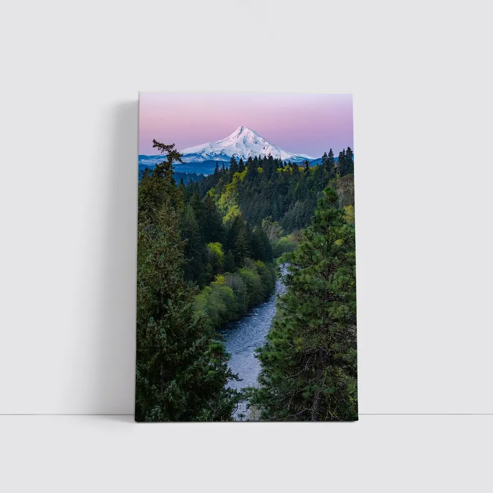 Mount Hood Snow Peak River Forest Sunset – Wall Art