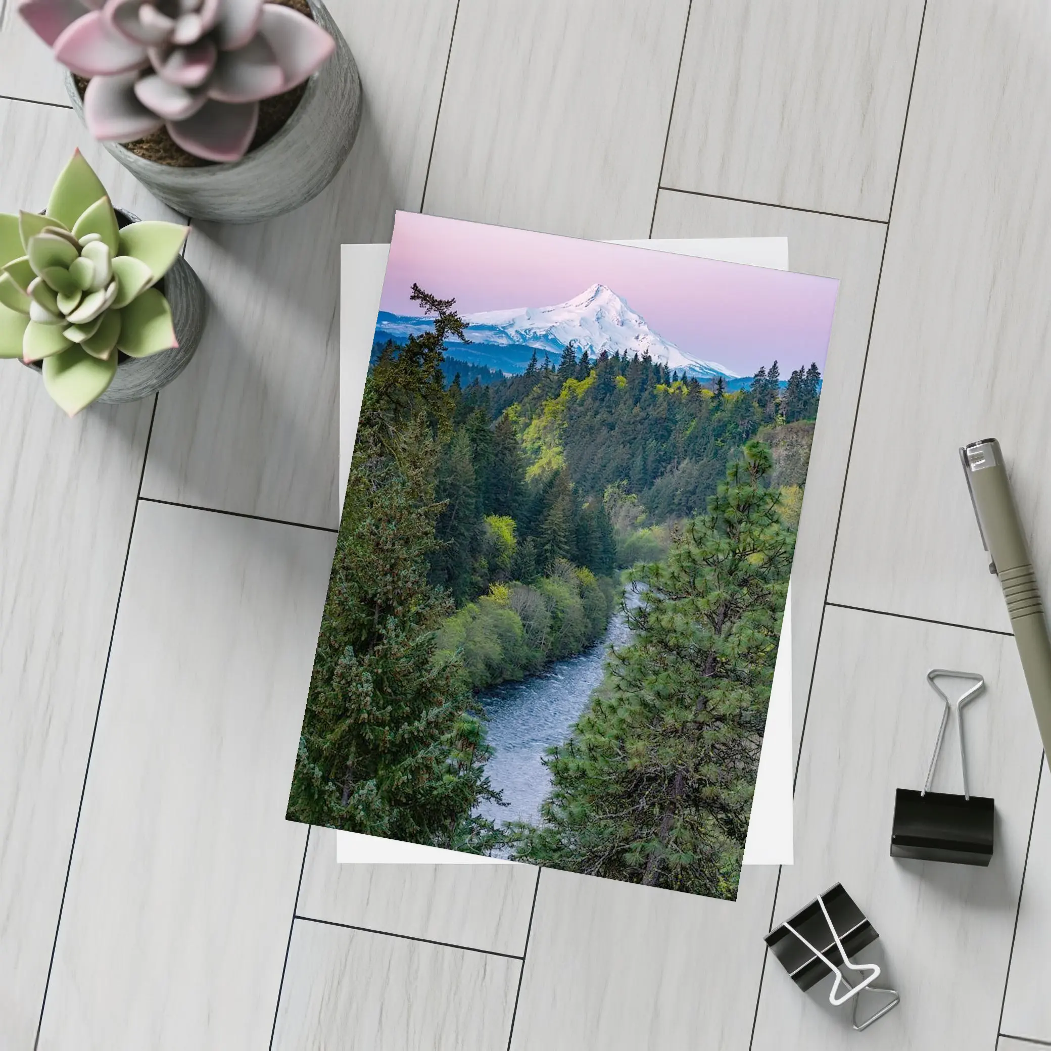 Mount Hood Snow Peak River Forest Sunset – Postcards