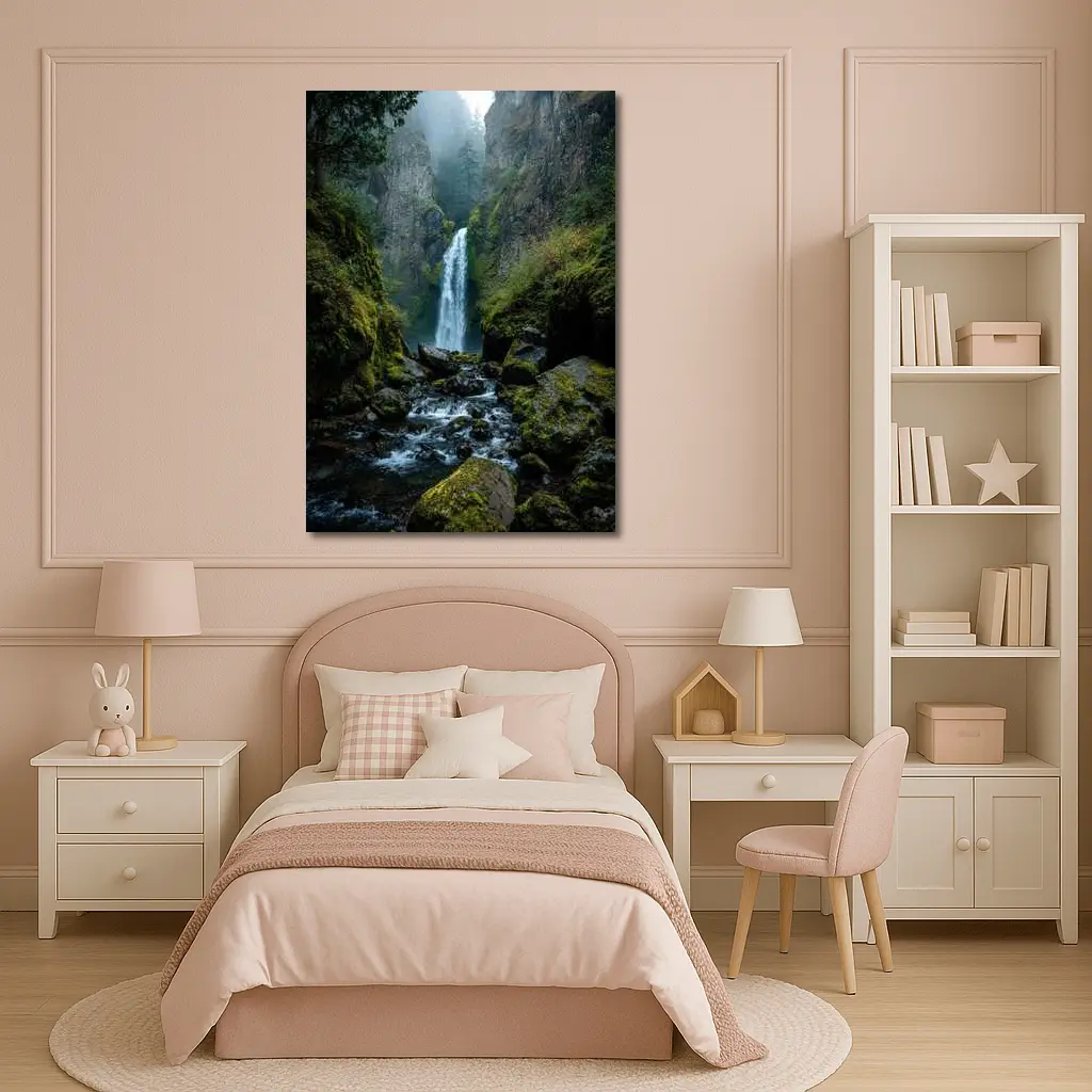 Misty Waterfall Cascading Over Mossy Rocks – Wall Art