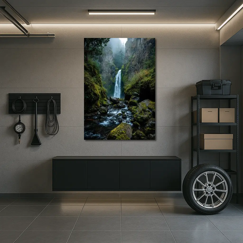Misty Waterfall Cascading Over Mossy Rocks – Wall Art