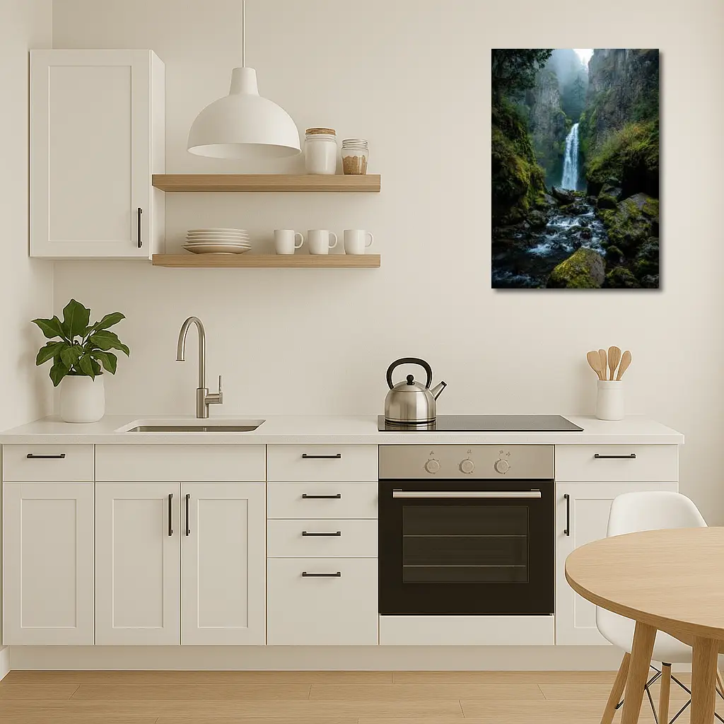 Misty Waterfall Cascading Over Mossy Rocks – Wall Art