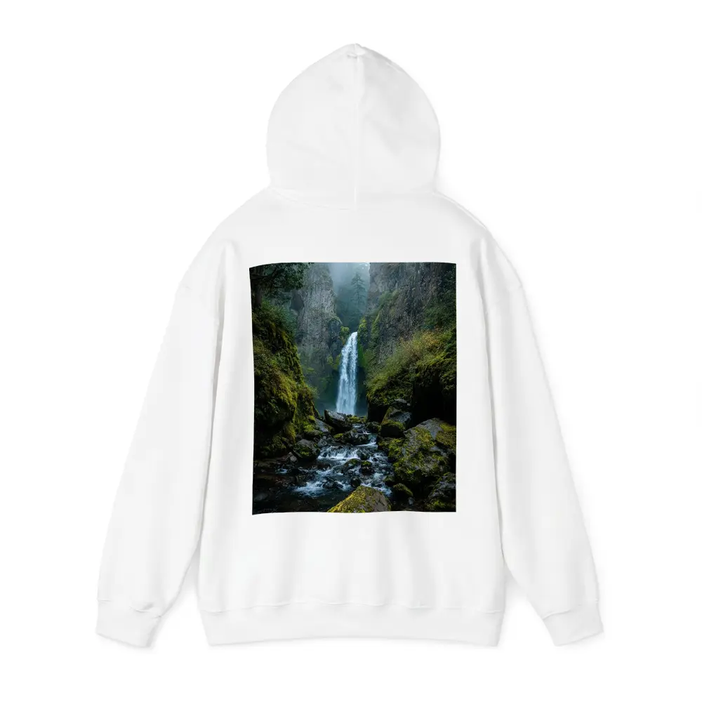 Misty Waterfall Cascading Over Mossy Rocks – Hoodies
