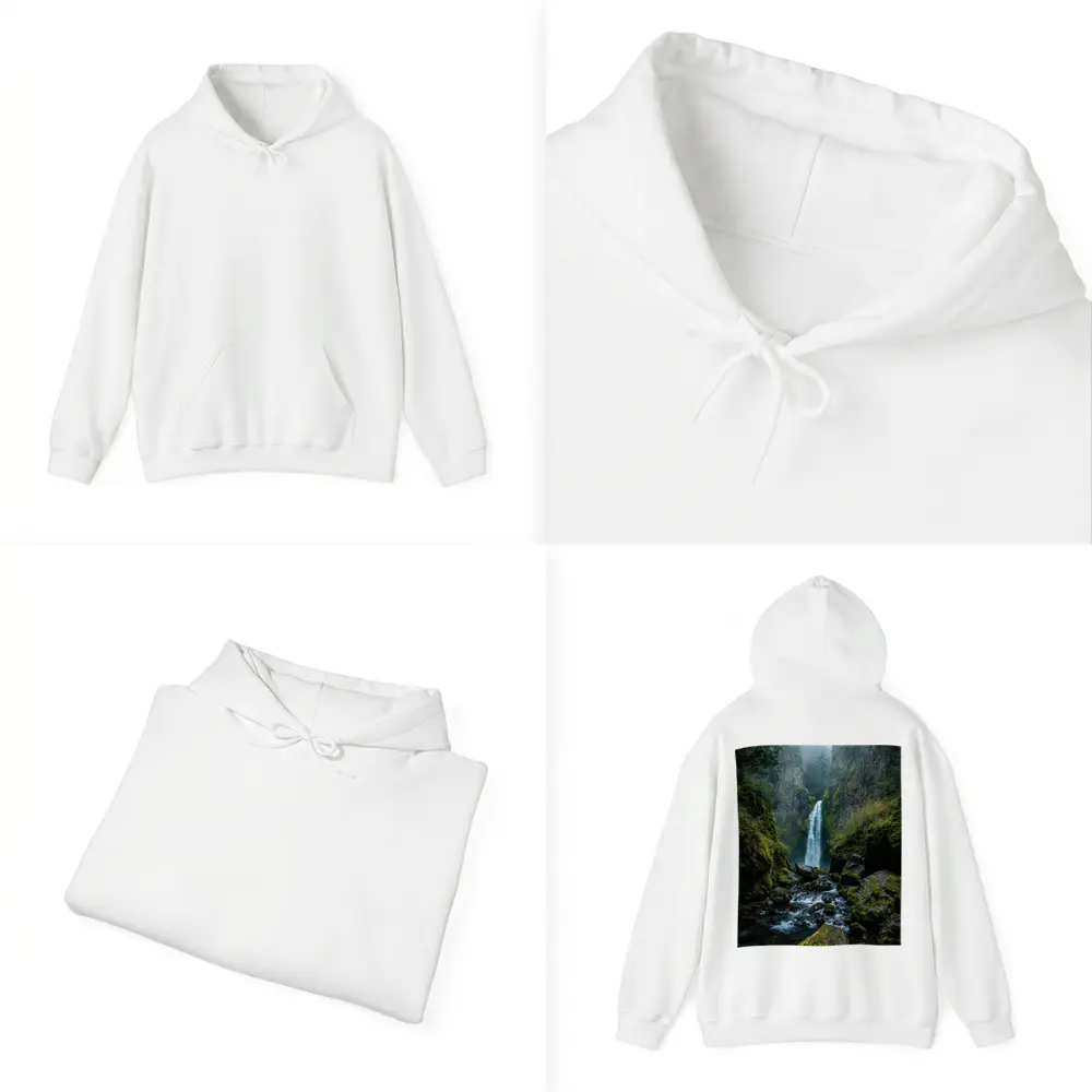 Misty Waterfall Cascading Over Mossy Rocks – Hoodies